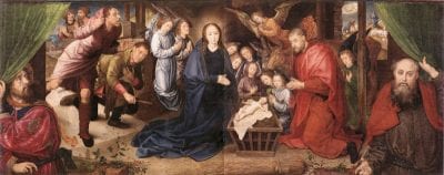 Hugo van der Goes,  Adoration of the Shepherds (fig. 1), pre-clean, ca. 1480, Gemäldegalerie, Staatliche Museen zu Berlin