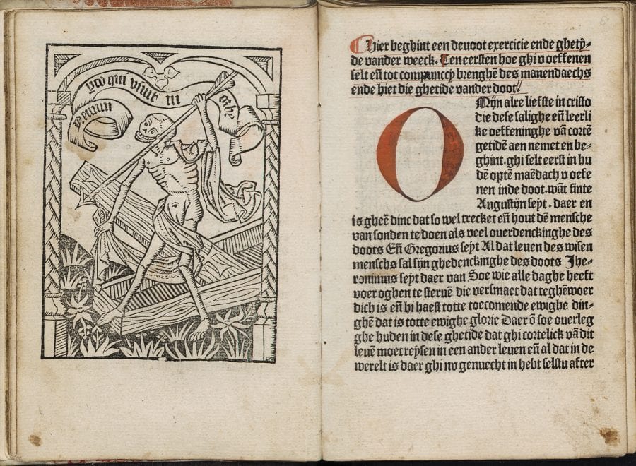 Start of the chapter for Monday (fols. a7v–a8r), 1484-1485, University Library, Leiden