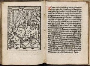 The Supper at Emmaus and adjacent prayer text (fo, 1484-1485,  University Library, Leiden