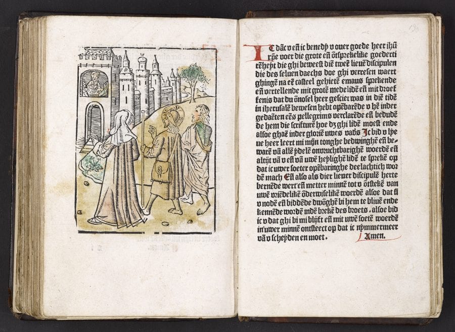 Road to and Supper at Emmaus (fols. s1v–s2r), D, 1486, University of Amsterdam, Special Collections