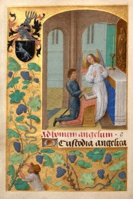 Simon Marmion, Donne Hours: John Donne Kneeling Before His Guard, ca. 1480, Louvain-la-Neuve, Archives de l'Université