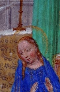 Simon Marmion, Donne Hours: Annunciation, detail of the Virgin,  ca. 1480,  Louvain-la-Neuve, Archives de l'Université