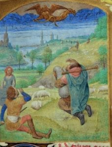 Simon Marmion, Donne Hours: Annunciation to the Shepherds, detai,  ca. 1480,  Louvain-la-Neuve, Archives de l'Université