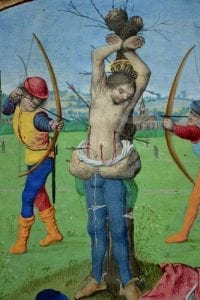 Master of the Dresden Prayerbook, Donne Hours: Martyrdom of Saint Sebastian, detail,  ca. 1480,  Louvain-la-Neuve, Archives de l'Université
