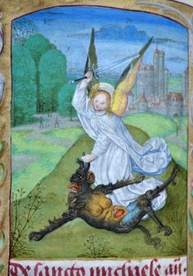 Master of the Dresden Prayerbook, Donne Hours: Saint Michael, detail, ca. 1480, Louvain-la-Neuve, Archives de l'Université