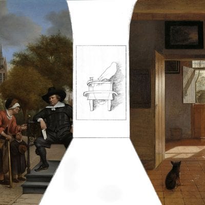  Mock-up that clarifies the larger spatial/architectural context for the implied site of Fabritius’s goldfinch and perch. Left side: detail in reverse from Jan Havicksz. Steen, Adolf and Catharina Croeser, known as The Burgher of Delft and His Daughter. Right side: detail from Pieter de Hooch, A Mother Delousing Her Child’s Hair, known as A Mother’s Duty, Jan Havicksz. Steen, Pieter de Hooch, Carel Fabrit,  1655, Rijksmuseum, Amsterdam