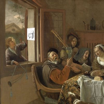  Mock-up that clarifies  the larger spatial/architectural context for the implied site of Fabritius’s goldfinch and perch. Detail from Jan Havicksz. Steen, The Merry Family, Jan Havicksz. Steen, Carel Fabritius, 1668, Rijksmuseum, Amsterdam