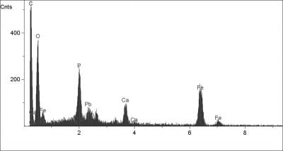 X-ray spectra from the upper most yellow layer of the scarf in Scholar Interrupted at His Writing (cross hair in Fig. 37) showing iron phosphate in individual degraded vivianite particles