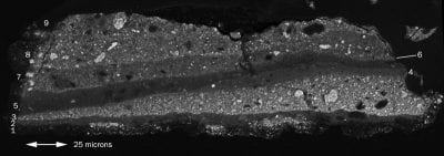 Cross section of a sample from the foreground lea,