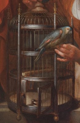 Detail of Young Woman Holding a Parrot showing the birdcage, an area that represents Dou's working method of painting in sequential planes from the rear to the front