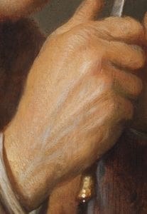 Detail of Scholar Sharpening a Quill showing the brushwork of the proper right hand of the scholar
