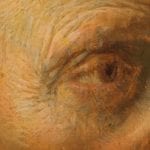 Detail of Hermit Praying showing hatching brushwork around the figure’s proper right eye