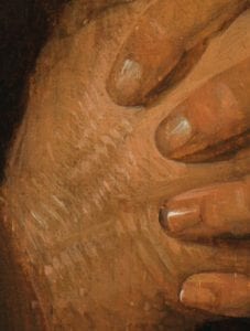 Detail of Hermit Praying showing hatching brushwork along the highlights of the figure’s clenched hands