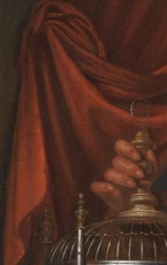 Detail of Young Woman Holding a Parrot showing the hatching brushwork along the highlights of the draped curtain