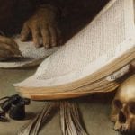 Detail of Scholar Interrupted at His Writing showing the printed book and handwritten letter in the foreground