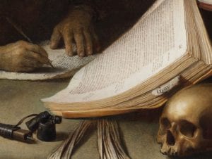 Detail of Scholar Interrupted at His Writing showing the printed book and handwritten letter in the foreground