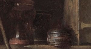 Detail of Scholar Interrupted at His Writing showing the shelf in the background that includes the miniscule letters “…ALVES” on the front of a jar, partially obscured by an overlapping jar