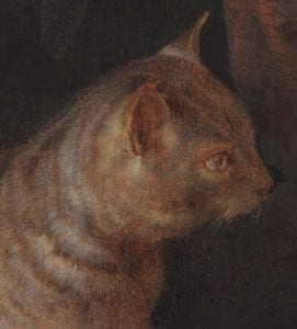 Detail of Cat Crouching on the Ledge of an Artist’s Atelier showing the individual bristles and brushstrokes that make up the tabby’s striped pattern