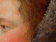 Detail of Portrait of a Lady in Profile showing individual strands of hair painted in flesh tones that overlay her upper temple