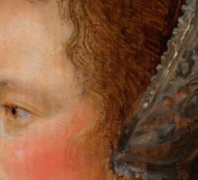 Detail of Portrait of a Lady in Profile showing individual strands of hair painted in flesh tones that overlay her upper temple