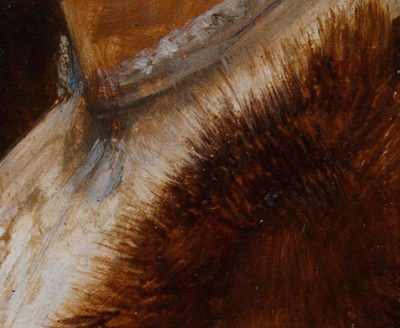 Detail of Portrait of a Lady in Profile showing the fur trim painted by dragging the brush back and forth in the adjacent paint