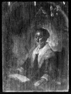 X-radiograph of Portrait of a Lady with a Music Book showing a change in the arched top and a shift of the figure to the right