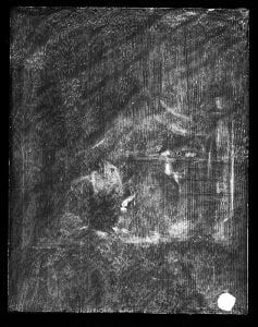 X-radiograph of Old Woman at a Niche by Candlelight showing the original flame of the oil lamp at the center right