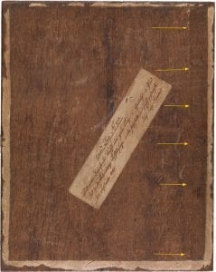 Panel reverse with bevel indicated by arrows, Cat Crouching on the Ledge of an Artist’s Atelier (photograph: Annette Rupprecht)