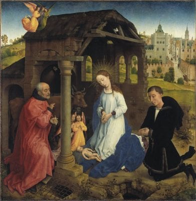 Rogier van der Weyden,  Nativity with the Donor Pieter Bladelin, center , ca. 1445, Gemäldegalerie, Staatliche Museen zu Berlin