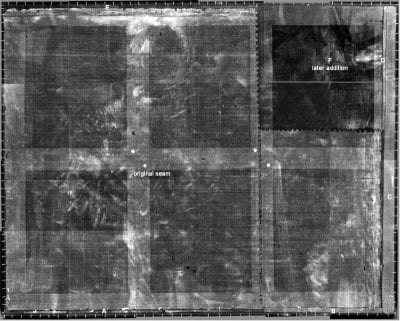 Fig. 4 X-ray of Saul and David (assembly of twenty-four films) showing notched vertical join, insert (F) and added strips on three sides (A, B, C, D, E)