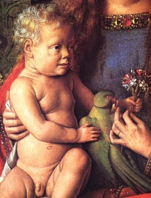 Jan van Eyck, detail of flowers and parrot from Virgin and Chi, completed 1436, Groeninge Museum, Bruges