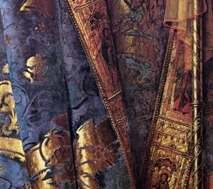Jan van Eyck,  detail of Saint Donatian's brocade garment and cr,  completed 1436,  Groeninge Museum, Bruges