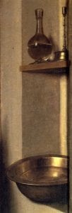 Jan van Eyck,  detail of crystal carafe and basin from the Lucca,  completed 1436,  Groeninge Museum, Bruges