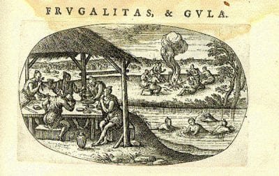 Pieter van der Borcht,  Frugalitas and Gula, from Aurei Saeculi, 1596, British Library, London