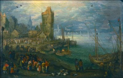 Jan Brueghel the Elder,  Fish Market in Front of a City on the Water, Staatliches Museum Schwerin