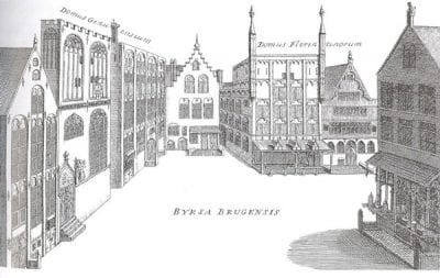 Fig. 4 Byrsa Brugensis, engraving, from Antonius Sanderus, Flandria Illustrata (Cologne, 1641). The bourse (Huize ter Buerze, established 1379) was situated at the top of the Vlamingstraat. The Genoese, Venetian, and Florentine communities established their trading houses in the vicinity (opposite and adjacent to the bourse).