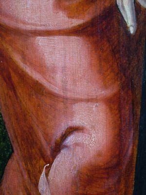 Fig. 13 Saint John’s leg showing dry underdrawing visible through the red paint. Aertgen van Leyden, Raising of Lazarus, left interior wing.