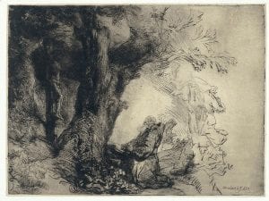 Rembrandt van Rijn,  Saint Francis Beneath a Tree Praying. first stat, 1657,