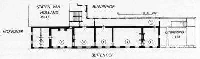 Fig. 4 Konrad Ottenheym, Reconstructed Plan of the First Floor of the Stadtholder’s Quarter in the Mid-Seventeenth Century, 1993. Used with permission. (1) extension of 1632 (layout uncertain) (2) Mauritstoren (council chamber, later dining room) (3) salle de garde (4) antichambre (5) chambre-de-présence (6) room (7) gallery