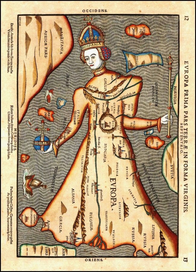 Fig. 4  Sebastian Münster, “Queen Europa,” hand-colored engraving, from Cosmographia Universalis (Basel: I Oporini, 1588).