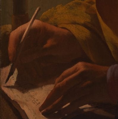 Hendrick ter Brugghen, Detail of figure 1: hands and inscription, Man W, ca. 1627–29, Northampton, Mass., Smith College Museum of Art