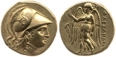 Greek coin with the head of Athena (obverse) and , ca. 310–275 BCE, London, British Museum